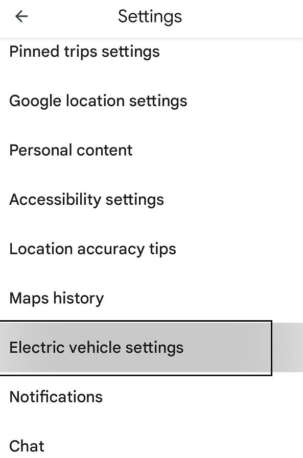 google map electric vehicle settings