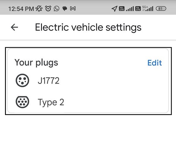 google map electric vehicle plug setting